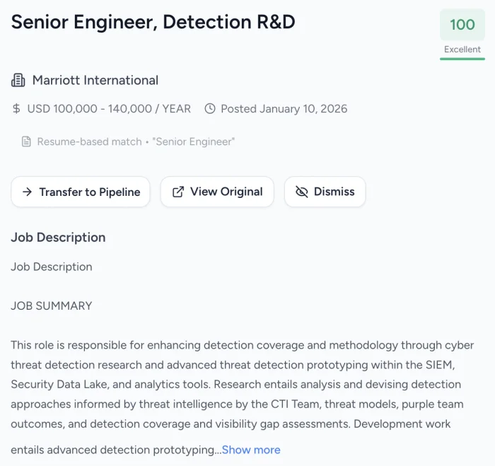Job Radar match score showing 100% match for Senior Engineer position at Marriott International with salary range USD 100,000-140,000