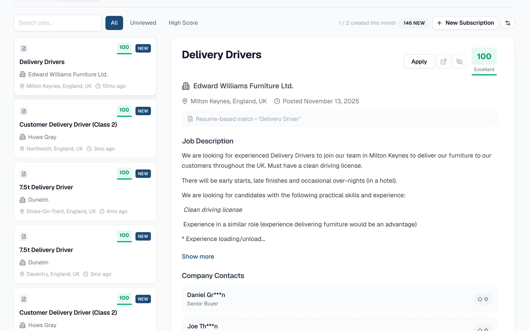 Job Radar listing matched roles with scores