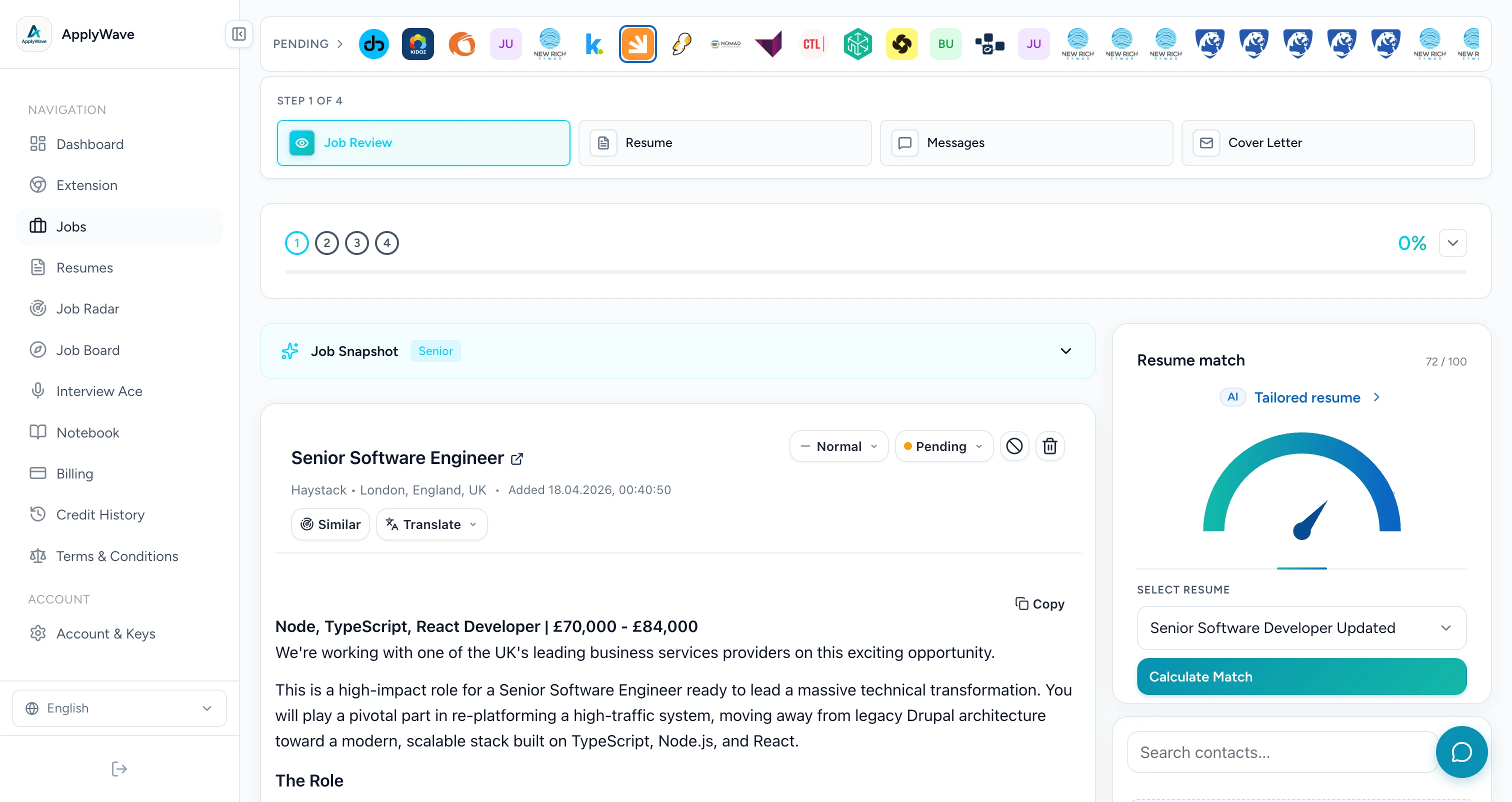 ApplyWave job review dashboard with AI match score