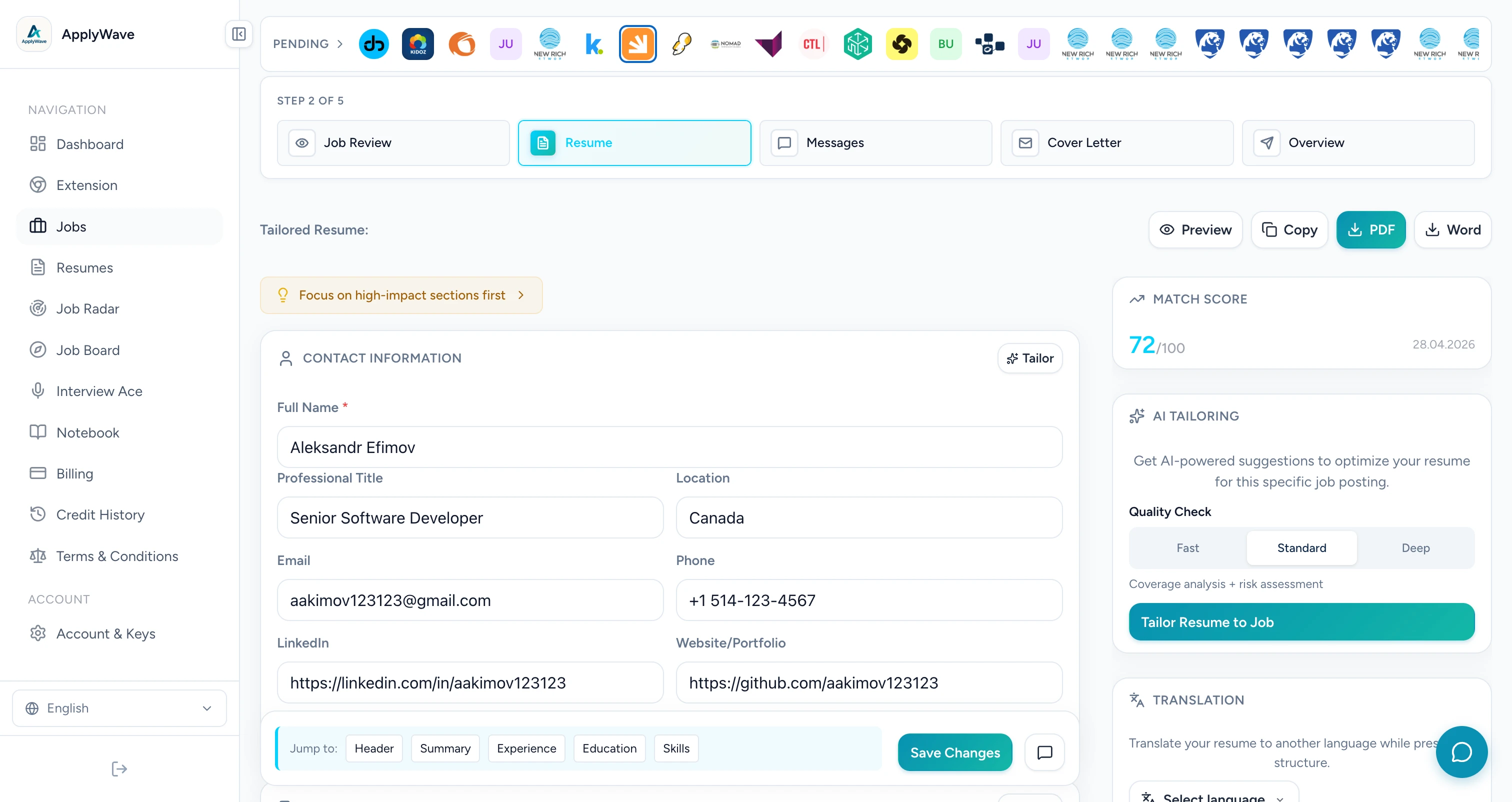 ApplyWave AI resume tailoring with match score